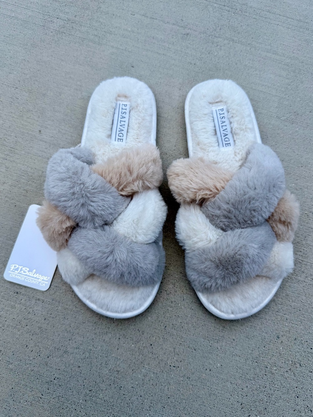 PJ Salvage Plush Crisscross Slide Slippers in Gray and Tan